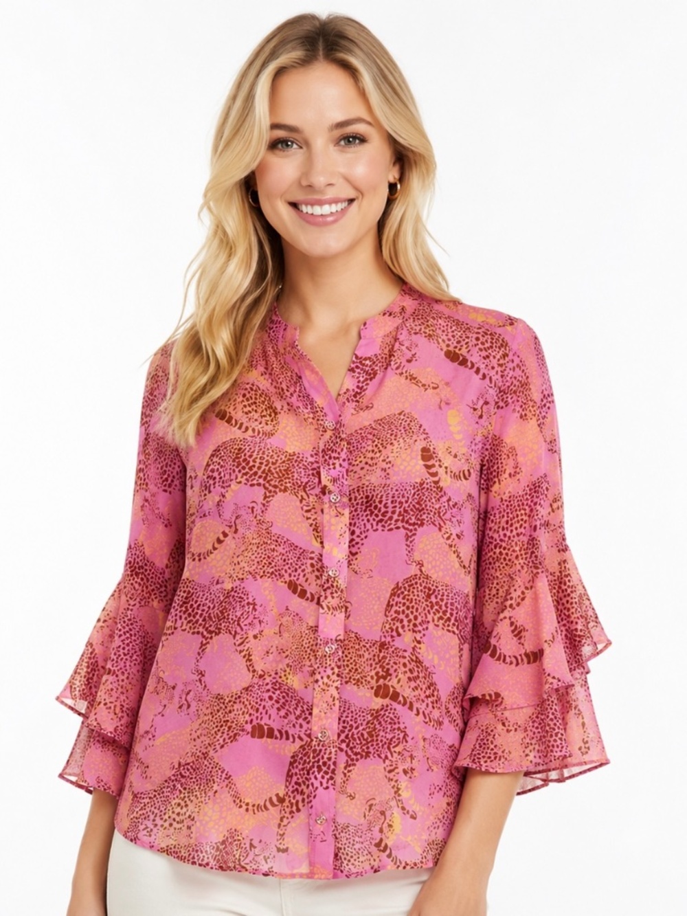 CAbi Serena Minx blouse with flutter sleeves.